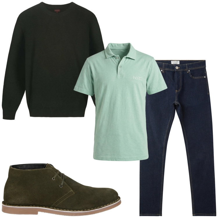 Outfit uomo - Total look #2474491. Stile Urban per Tutti i giorni. Abbinamento con polo, stivali e stivaletti, maglieria, jeans skinny.