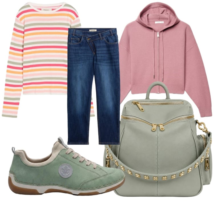 Outfit donna - Week end pastello. Stile Casual per Scuola/Università. Abbinamento con sneakers, jeans mom, t-shirt, maglieria, zaini.
