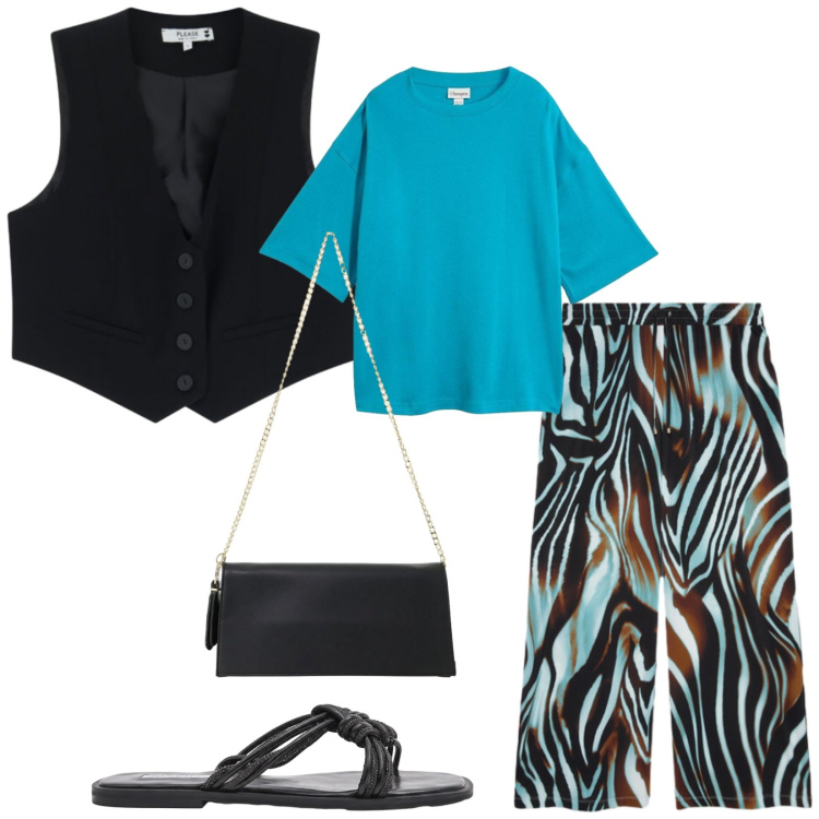 Outfit donna - Total look #2474494. Stile Casual per Tutti i giorni. Abbinamento con t-shirt, borse a tracolla, sandali, gilet, pantaloni a palazzo.