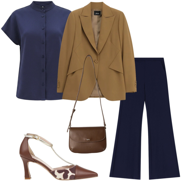 Outfit donna - Casual day. Stile Casual per Tutti i giorni. Abbinamento con décolleté, borse a tracolla, pantaloni, blazer, camicie a manica corta.