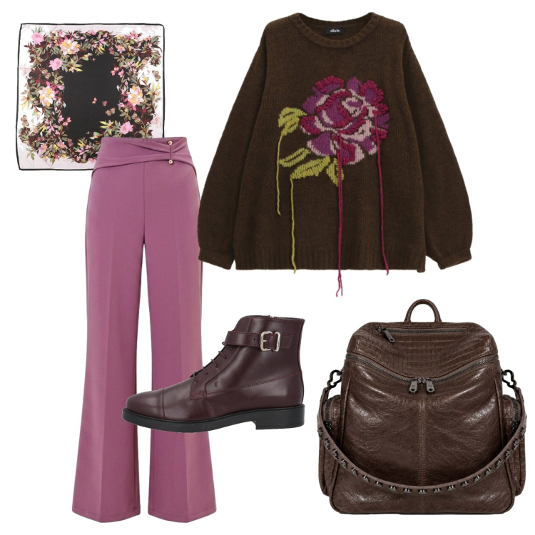 Outfit donna - In centro per una mostra. Stile Casual per Tutti i giorni. Abbinamento con stivaletti, sciarpe, maglieria, pantaloni a palazzo, zaini.