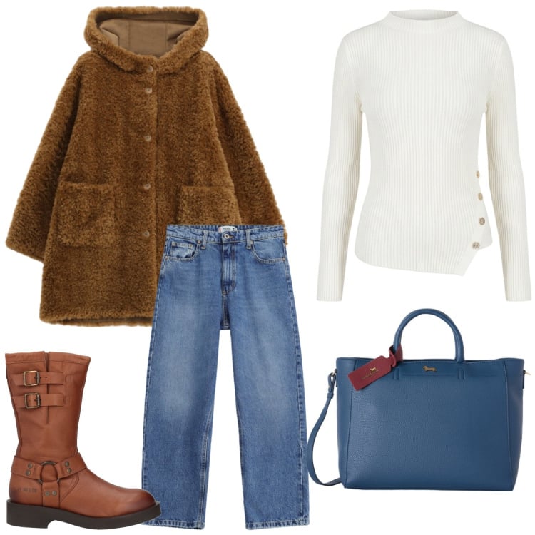 Outfit donna - Pelliccia vibrante. Stile Casual per Tutti i giorni. Abbinamento con stivali, borse a mano, maglieria, cappotti, jeans dritti.