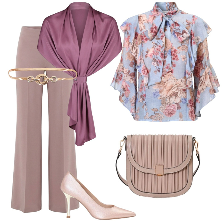 Outfit donna - Total look #2474519. Stile Bon Ton per Serata fuori. Abbinamento con bluse, stole, cinture, pantaloni a palazzo, borse a tracolla, décolleté.