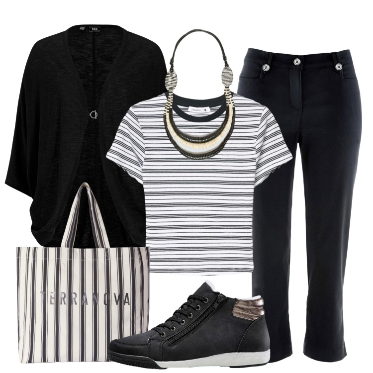 Outfit donna - In giro nel weekend. Stile Basic per Tutti i giorni. Abbinamento con sneakers alte, cardigans, pantaloni capri, t-shirt, shopping bag, collane.