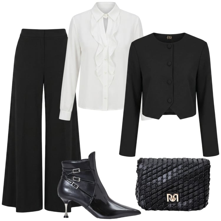 Outfit donna - Total look #2474524. Stile Casual chic per Serata fuori. Abbinamento con pantaloni, borse a tracolla, camicie, stivaletti, blazer.