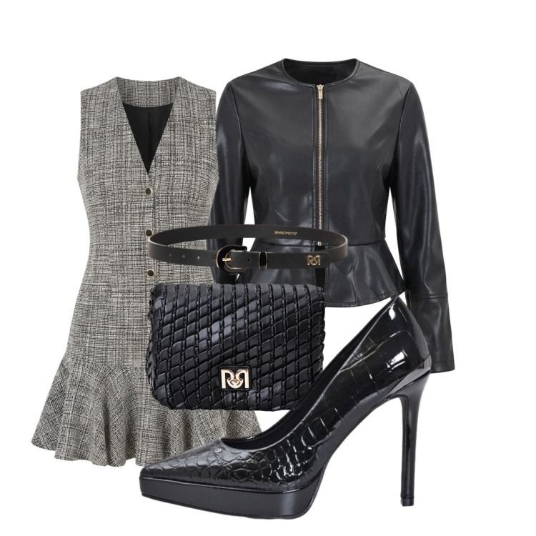 Outfit donna - Rinascimento - Dietro la trama FW26. Stile Glamour per Ufficio. Abbinamento con vestiti corti, giacche, cinture, borse a tracolla, décolleté.