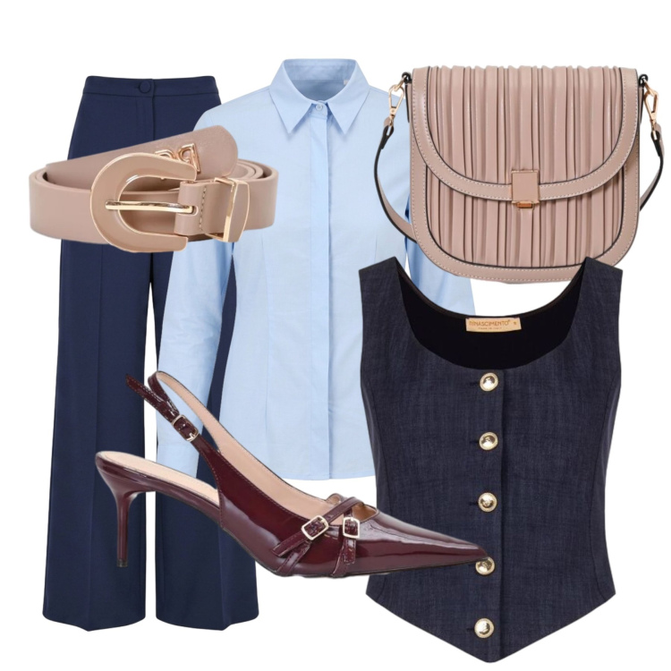 Outfit donna - Rinascimento - Dietro la trama FW26. Stile Bon Ton per Ufficio. Abbinamento con pantaloni a palazzo, gilet, décolleté, borse a tracolla, cinture, camicie.