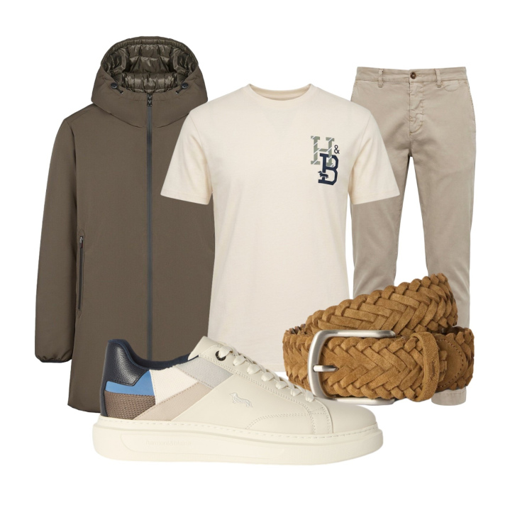 Outfit uomo - Layering urbano. Stile Trendy per Tutti i giorni. Abbinamento con cinture, sneakers, t-shirt, pantaloni chino, parka.