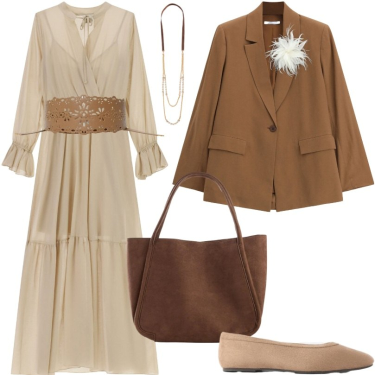 Outfit donna - Femminilità. Stile Casual chic per Tutti i giorni. Abbinamento con ballerine, shopping bag, cinture, blazer, vestiti lunghi, collane.