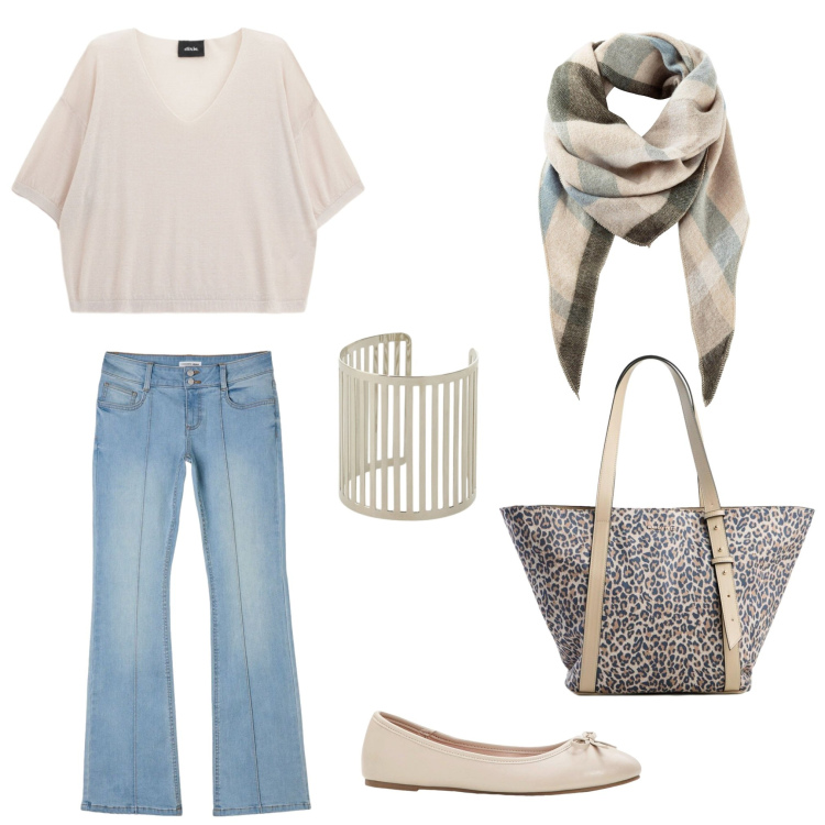 Outfit donna - Cozy e moderno. Stile Minimal per Tutti i giorni. Abbinamento con shopping bag, sciarpe, ballerine, jeans a zampa, braccialetti, maglieria.