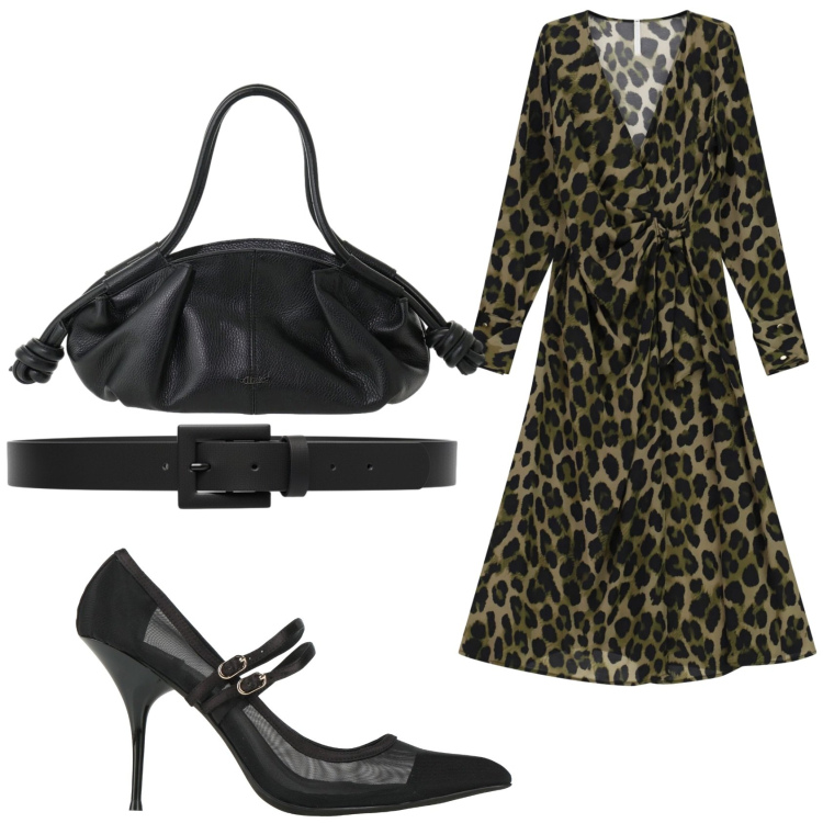 Outfit donna - Nero e maculato. Stile Glamour per Serata fuori. Abbinamento con décolleté, vestiti lunghi, borse a mano, cinture.