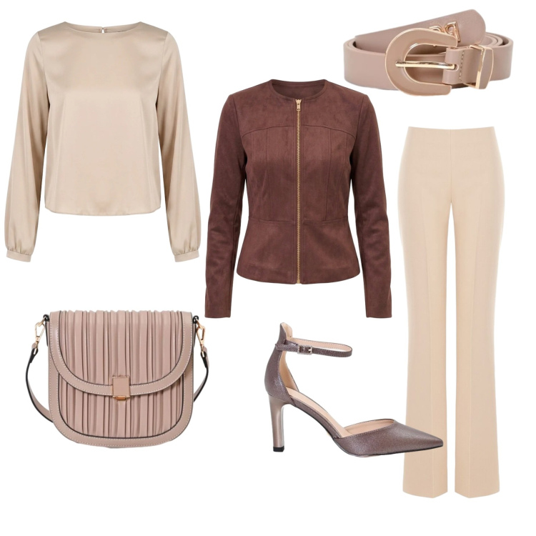 Outfit donna - Elegante con semplicità. Stile Minimal per Serata fuori. Abbinamento con blazer, pantaloni a palazzo, borse a tracolla, bluse, cinture, décolleté.