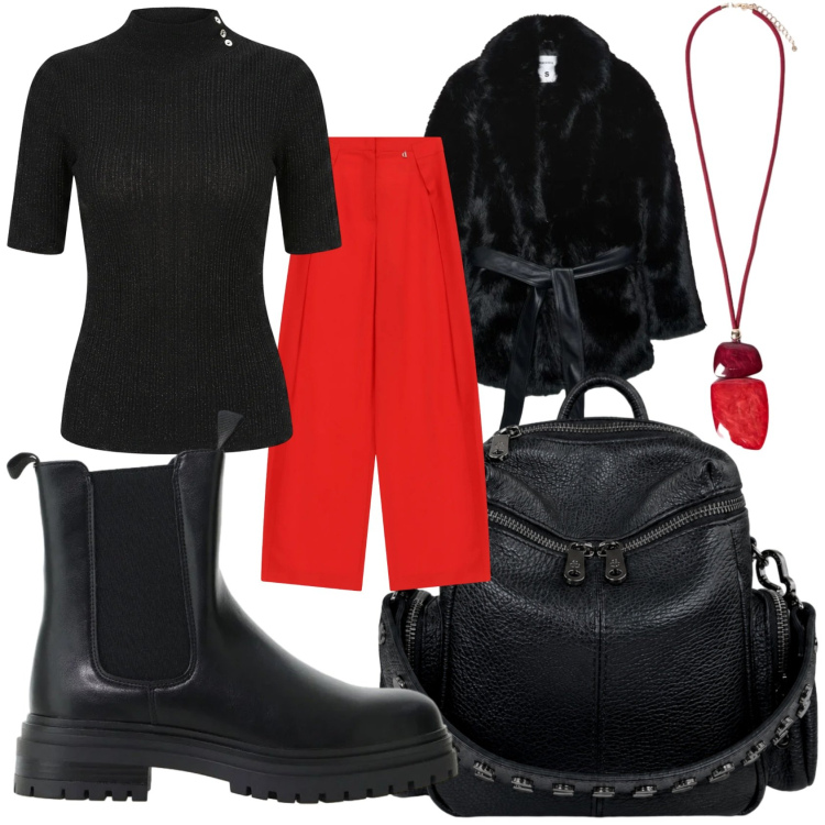 Outfit donna - Black and red. Stile Casual chic per Tutti i giorni. Abbinamento con trench, stivaletti chelsea, pantaloni a palazzo, maglieria, ciondoli, zaini.