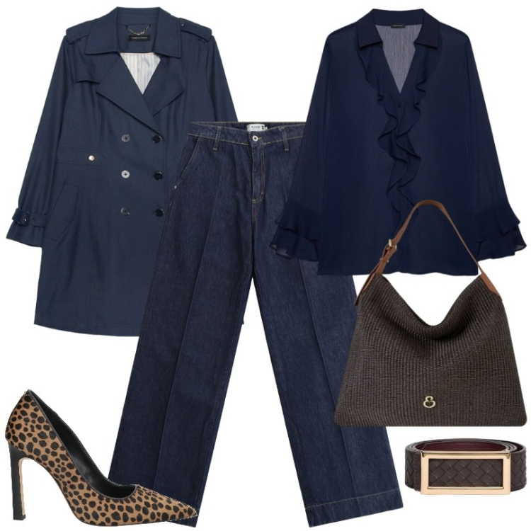 Outfit donna - La décolleté anche in ufficio. Stile Casual chic per Ufficio. Abbinamento con décolleté, jeans dritti, trench, bluse, cinture, borse a spalla.