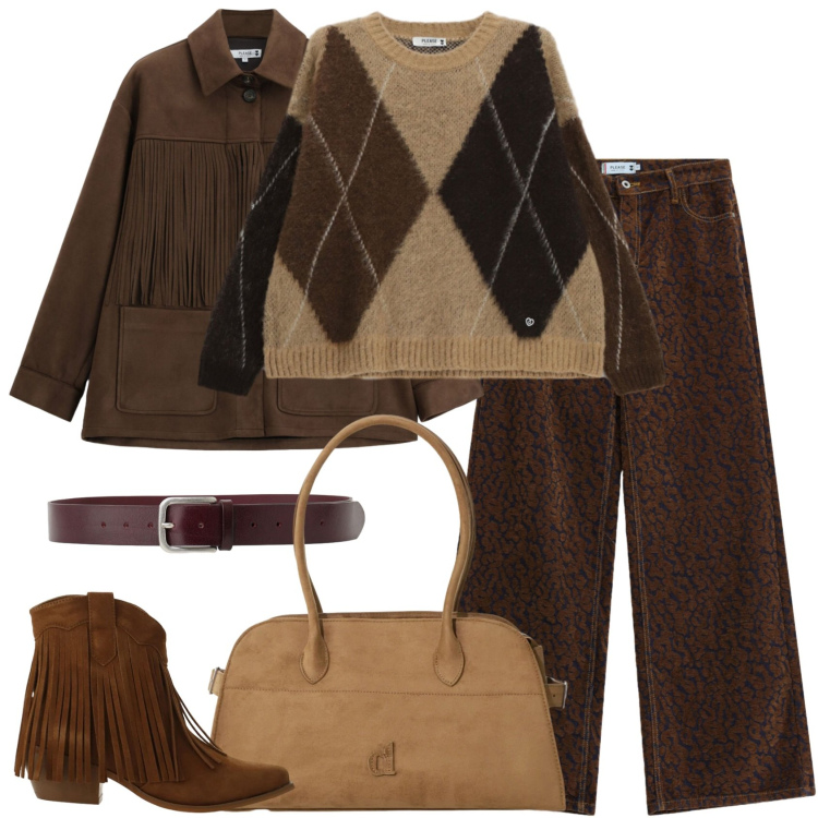 Outfit donna - Please - FW26. Stile Urban per Tutti i giorni. Abbinamento con stivaletti texani, pantaloni a palazzo, cappotti, maglieria, cinture, borse a spalla.