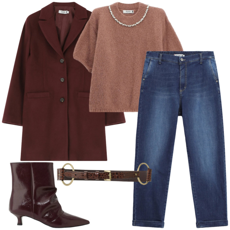 Outfit donna - Please - FW26. Stile Urban per Tutti i giorni. Abbinamento con cinture, stivaletti, cappotti, maglieria, jeans dritti.