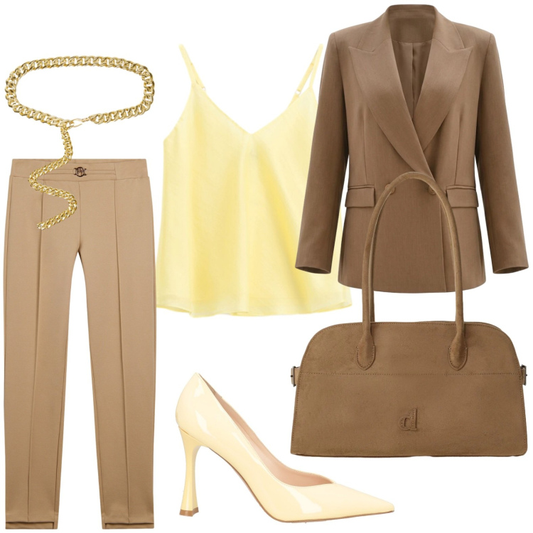 Outfit donna - Caramello day. Stile Basic per Ufficio. Abbinamento con décolleté, pantaloni, borse a spalla, top, blazer, cinture.