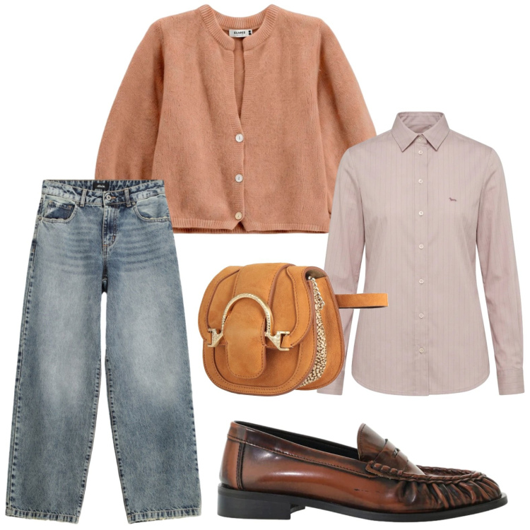 Outfit donna - Jeans vissuti. Stile Casual per Tutti i giorni. Abbinamento con marsupi, camicie, mocassini, cardigans, jeans dritti.
