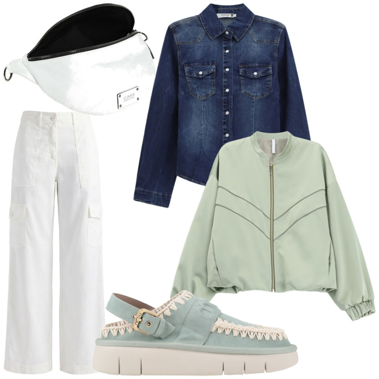 Outfit donna - Guardaroba contemporaneo. Stile Glamour per Tutti i giorni. Abbinamento con marsupi, décolleté, pantaloni cargo, bomber, camicie.