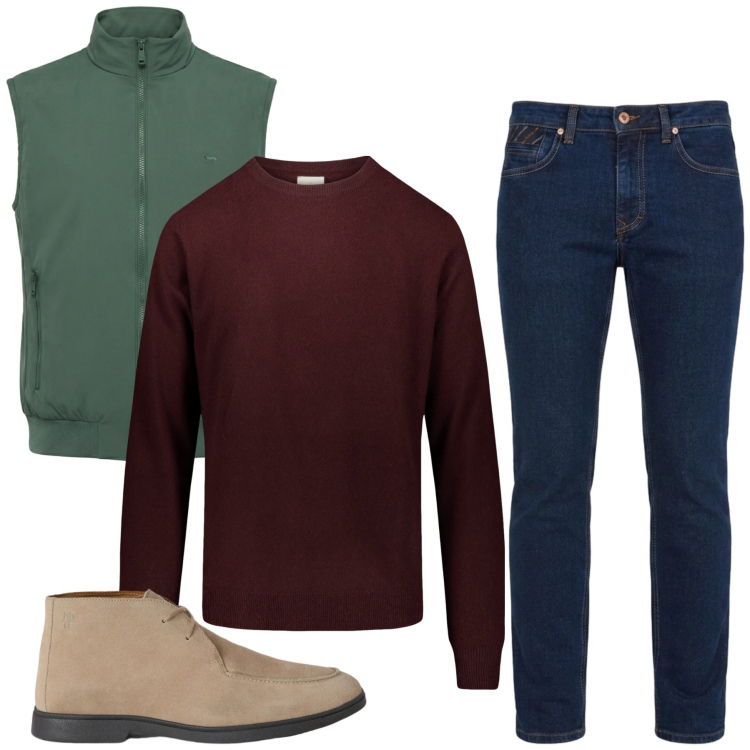 Outfit uomo - Total look #2474619. Stile Casual per Tutti i giorni. Abbinamento con jeans, stivali e stivaletti, gilet, maglieria.