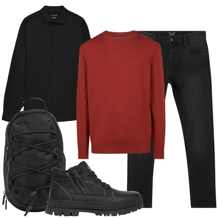 Outfit uomo - Total look #2474623. Stile Casual per Tutti i giorni. Abbinamento con maglieria, jeans skinny, borse sportive, camicie, stivali e stivaletti.