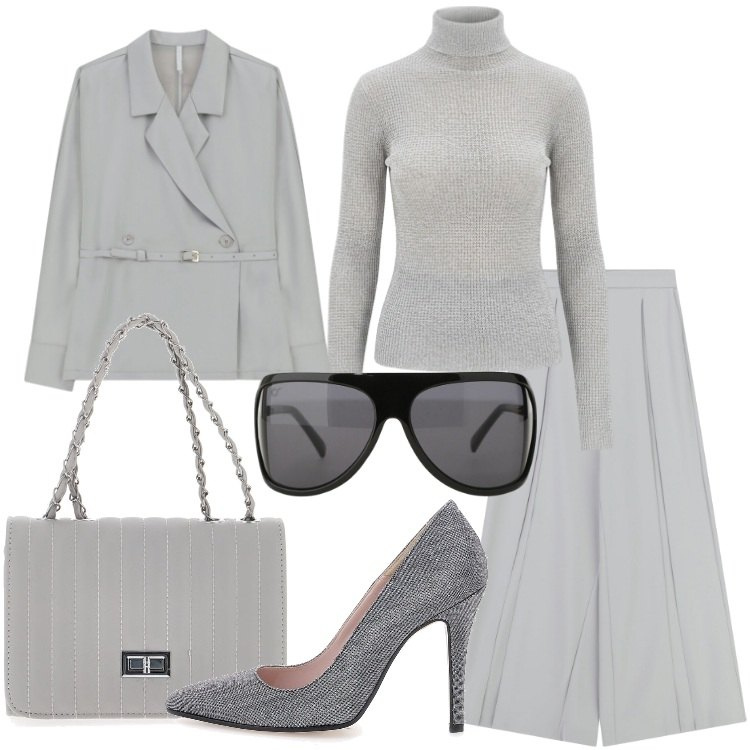 Outfit donna - Icon Business Woman. Stile Chic per Ufficio. Abbinamento con occhiali da sole, pantaloni a palazzo, blazer, maglieria, borse a tracolla, décolleté.