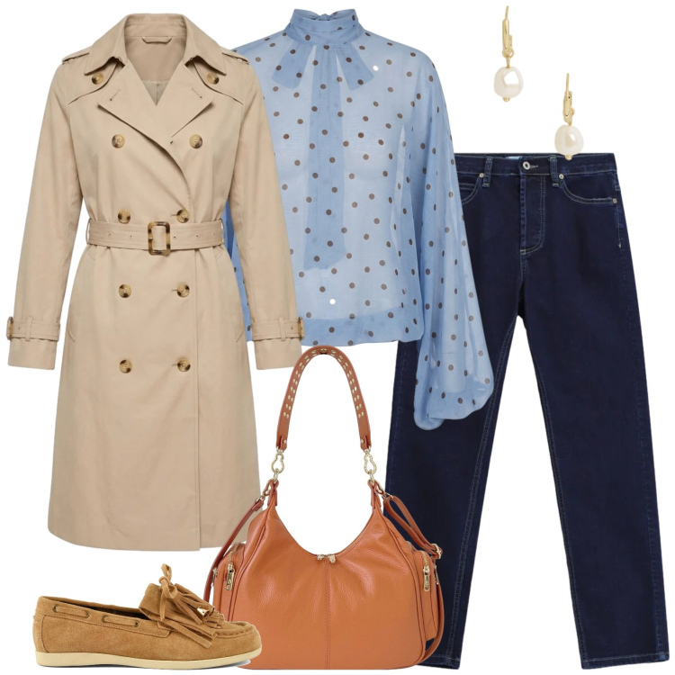 Outfit donna - Il jeans per l\' autunno. Stile Casual chic per Ufficio. Abbinamento con jeans slim fit, borse a spalla, orecchini, bluse, trench, mocassini.