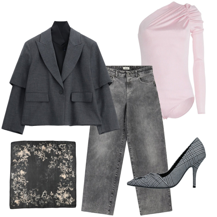 Outfit donna - Il body monospalla. Stile Casual chic per Serata fuori. Abbinamento con décolleté, sciarpe, body, blazer, jeans.