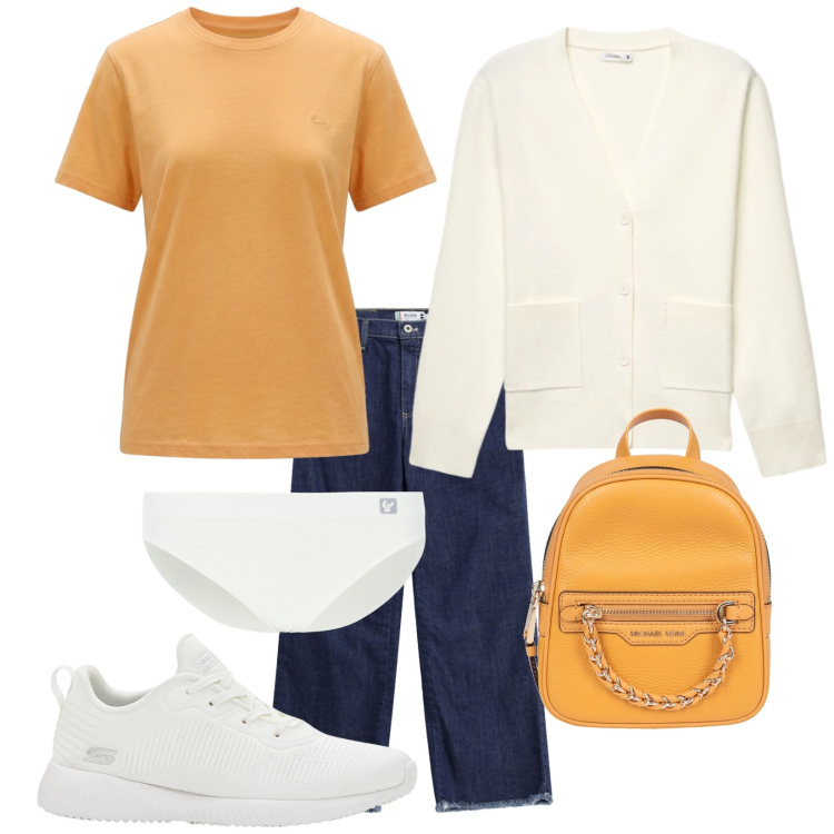 Outfit donna - Total look #2474641. Stile Basic per Scuola/Università. Abbinamento con zaini, sneakers, t-shirt, cardigans, culotte, jeans dritti.