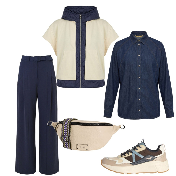 Outfit donna - Gita domenicale. Stile Basic per Tutti i giorni. Abbinamento con marsupi, sneakers, camicie, pantaloni a palazzo, piumini.