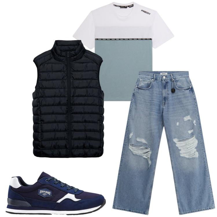 Outfit uomo - Total look #2474650. Stile Urban per Tutti i giorni. Abbinamento con jeans strappati, t-shirt, piumini, sneakers.