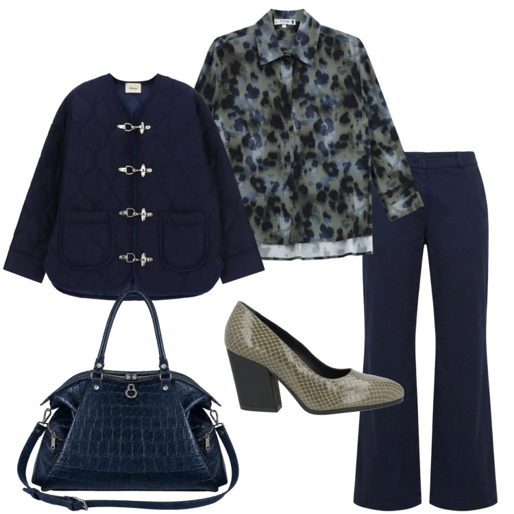 Outfit donna - Al lavoro in blu. Stile Basic per Ufficio. Abbinamento con décolleté, pantaloni, camicie, giacche, shopping bag.