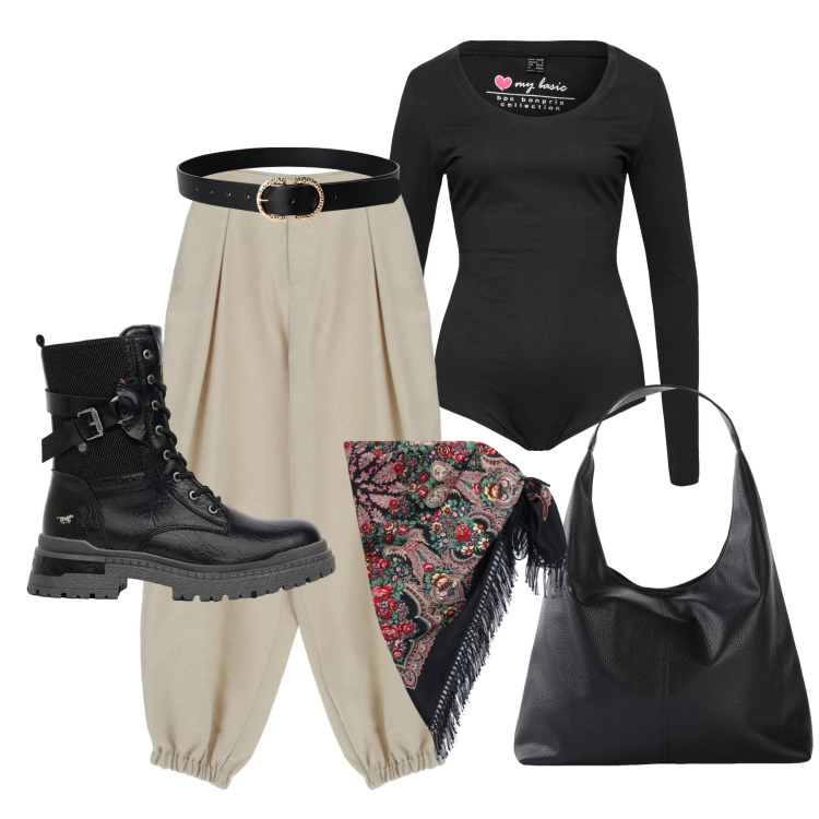 Outfit donna - Settembre. Stile Basic per Tutti i giorni. Abbinamento con body, shopping bag, anfibi, cinture, pantaloni, sciarpe.