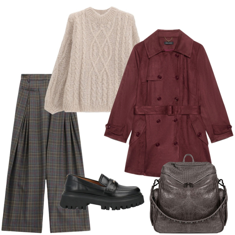 Outfit donna - Il mocassino per la pioggia. Stile Casual per Ufficio. Abbinamento con mocassini, pantaloni a palazzo, maglieria, trench, zaini.