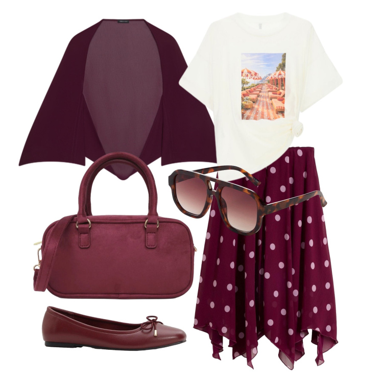 Outfit donna - Settembre. Stile Casual chic per Tutti i giorni. Abbinamento con gonne longuette, ballerine, occhiali da sole, borse a tracolla, t-shirt, bolero.
