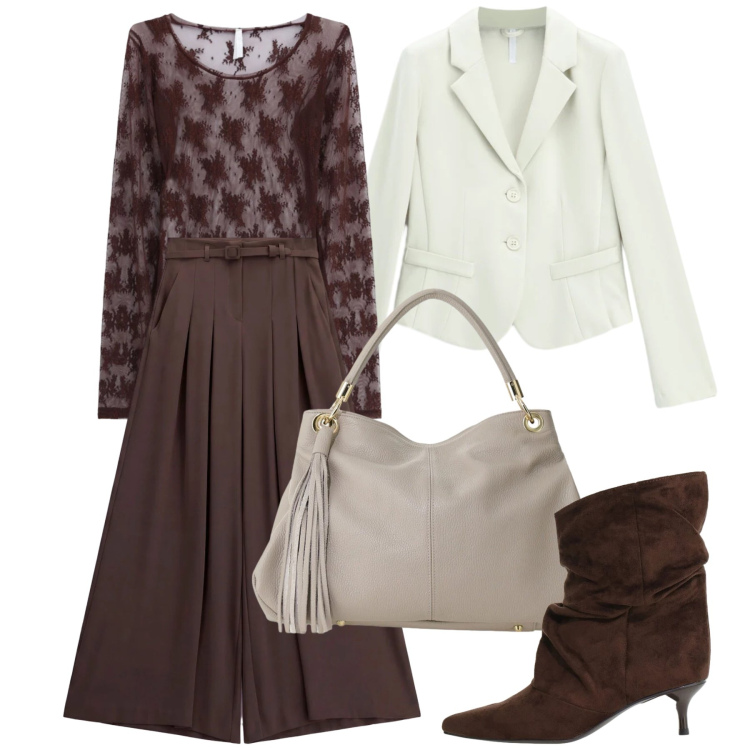 Outfit donna - Settembre. Stile Trendy per Tutti i giorni. Abbinamento con t-shirt, pantaloni a palazzo, stivali, blazer, borse a spalla.