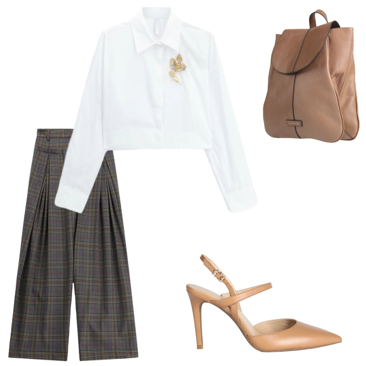 Outfit donna - Back to work. Stile Chic per Ufficio. Abbinamento con décolleté, zaini, pantaloni a palazzo, camicie.