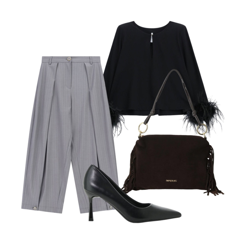 Outfit donna - Settembre. Stile Basic per Tutti i giorni. Abbinamento con pantaloni a palazzo, bluse, borse a spalla, décolleté.