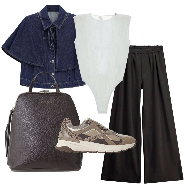 Outfit donna - Settembre. Stile Casual chic per Tutti i giorni. Abbinamento con zaini, sneakers, pantaloni a palazzo, blazer, body.
