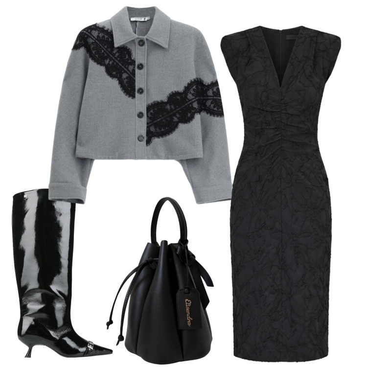 Outfit donna - A teatro. Stile Chic per Serata fuori. Abbinamento con stivali, cappotti, vestiti midi/longuette, borse a secchiello.