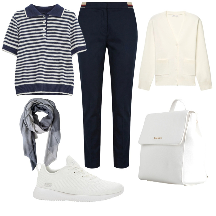 Outfit donna - Weekend fuori porta. Stile Casual chic per Mare. Abbinamento con zaini, sneakers, pantaloni chino, cardigans, polo, foulard.