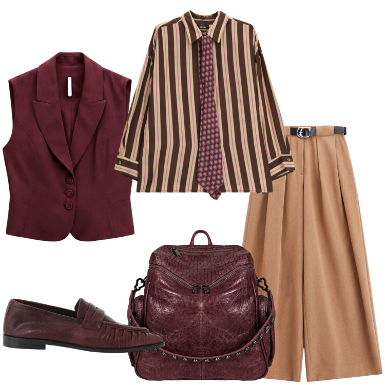 Outfit donna - Al lavoro con il gilet burgundy. Stile Trendy per Ufficio. Abbinamento con pantaloni a palazzo, gilet, mocassini, camicie, zaini.