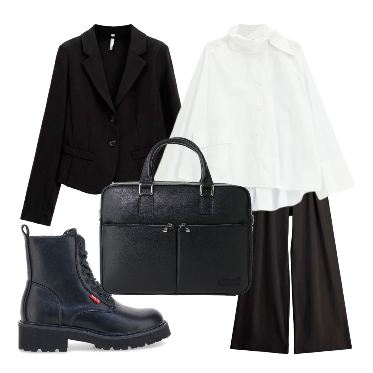 Outfit donna - Business woman alla Meg Ryan. Stile Mannish per Ufficio. Abbinamento con blazer, borse messenger, camicie, pantaloni a palazzo, anfibi.