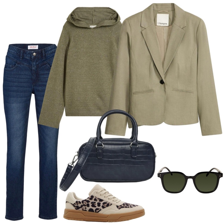 Outfit donna - Total look #2474689. Stile Casual per Scuola/Università. look ideale per Petite. Abbinamento con jeans skinny, felpe con cappuccio, sneakers, blazer, borse a tracolla, occhiali da sole.