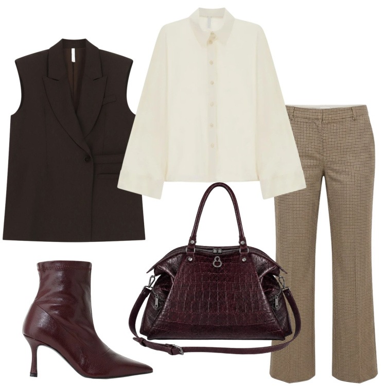 Outfit donna - Fall vibes. Stile Trendy per Tutti i giorni. Abbinamento con pantaloni, stivaletti, camicie, gilet, shopping bag.