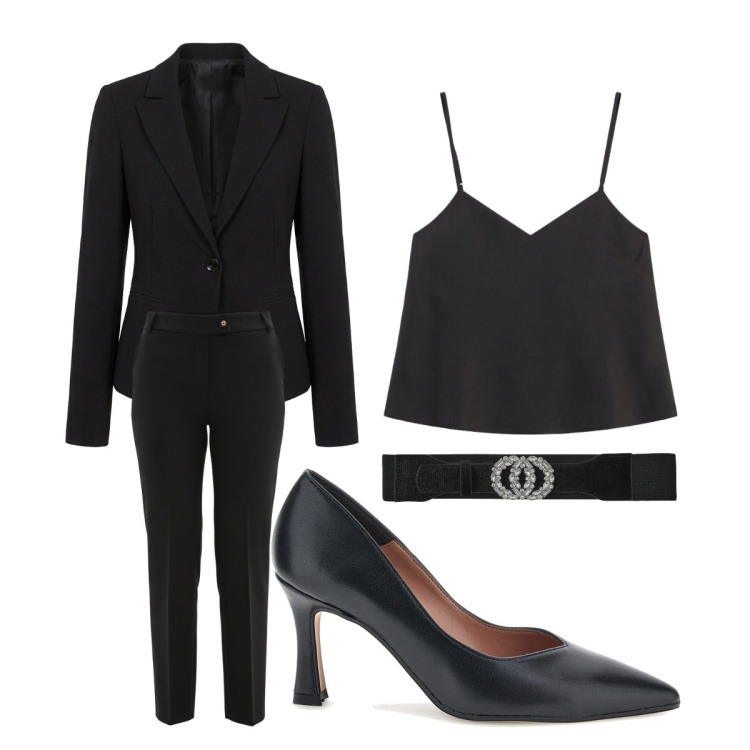 Outfit donna - Business woman alla Angelina Jolie. Stile Mannish per Ufficio. Abbinamento con cinture, top, blazer, pantaloni, décolleté.