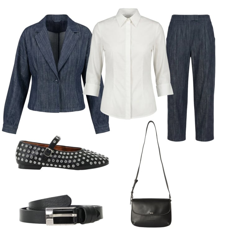 Outfit donna - Denim dark chic. Stile Urban per Ufficio. Abbinamento con borse a tracolla, ballerine, cinture, camicie, blazer, jeans.
