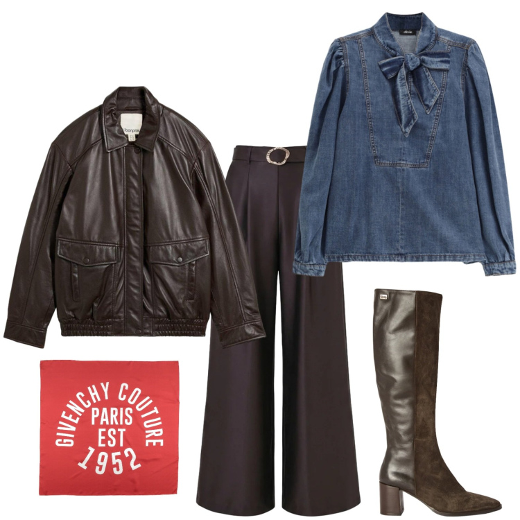 Outfit donna - Bomber e camicia di jeans. Stile Urban per Ufficio. Abbinamento con sciarpe, giacche, stivali, camicie, pantaloni a palazzo.