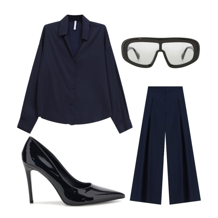 Outfit donna - Business woman alla Victoria Beckham. Stile Casual chic per Ufficio. Abbinamento con pantaloni a palazzo, camicie, occhiali da sole, décolleté.