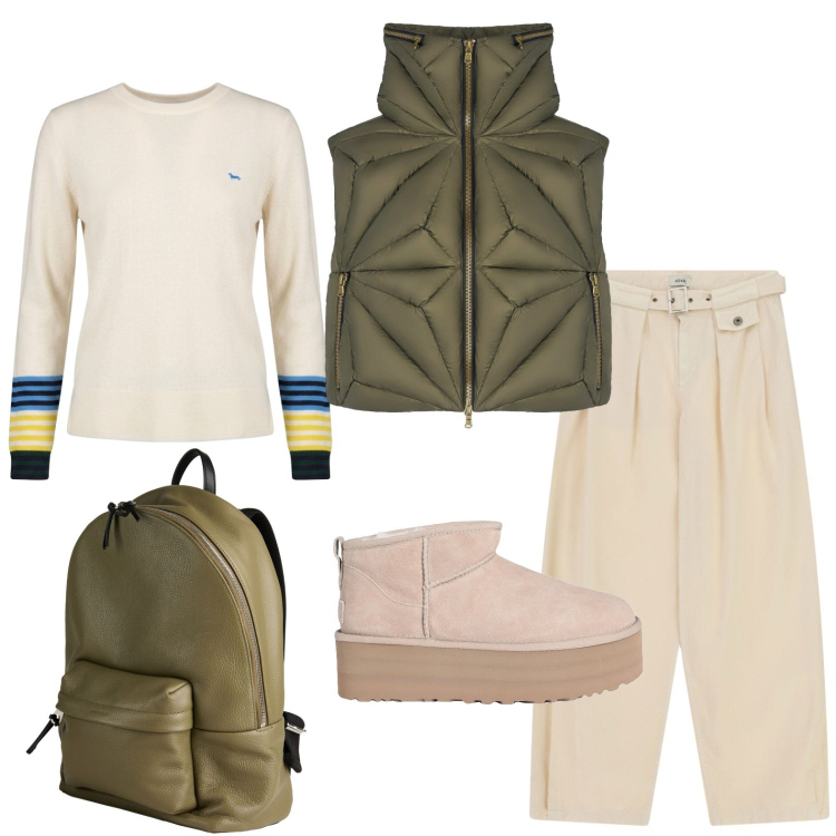 Outfit donna - Panna e verde militare. Stile Casual per Tutti i giorni. Abbinamento con stivaletti, zaini, maglieria, pantaloni a palazzo, piumini.